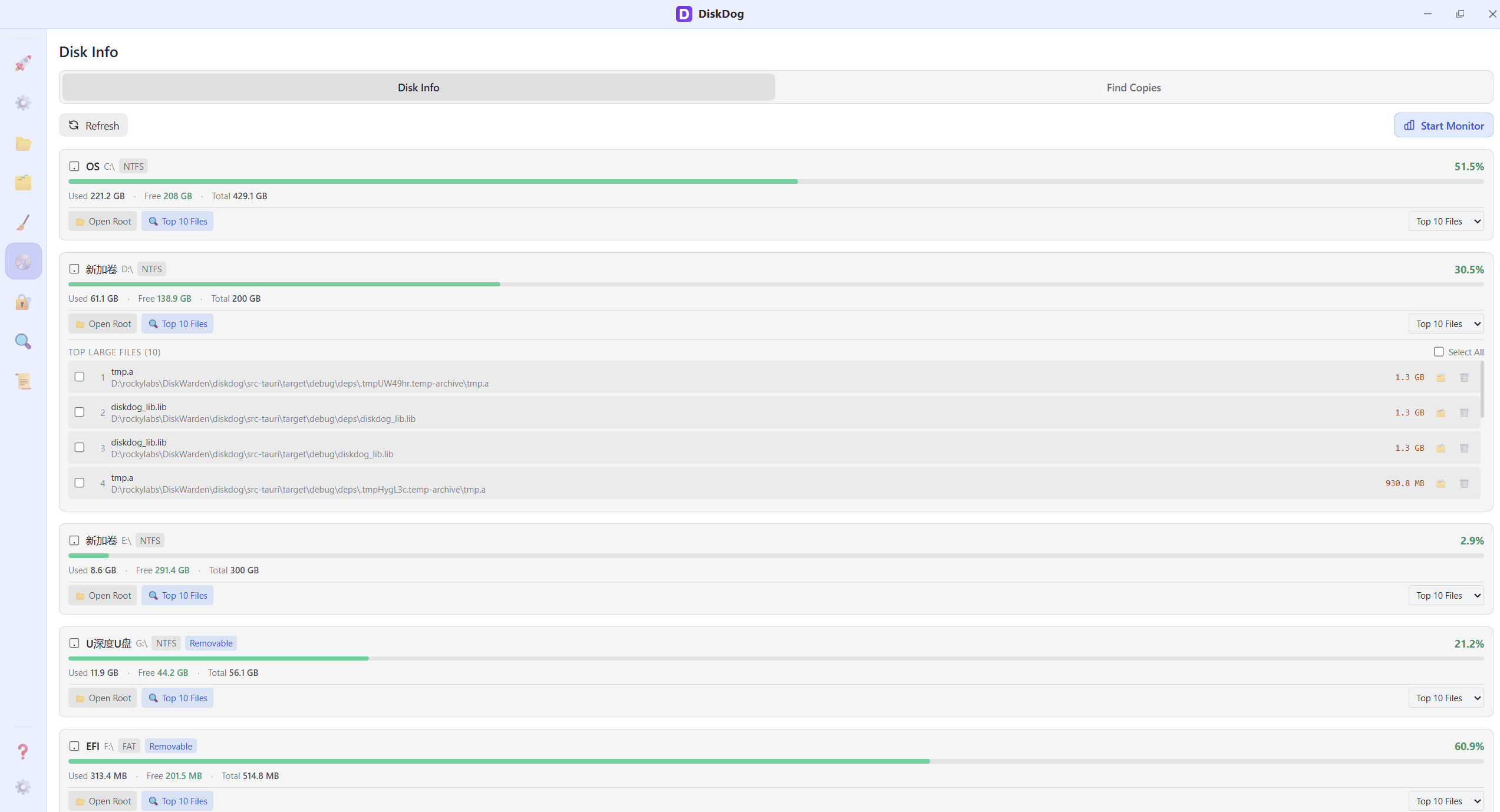 Top large files result list