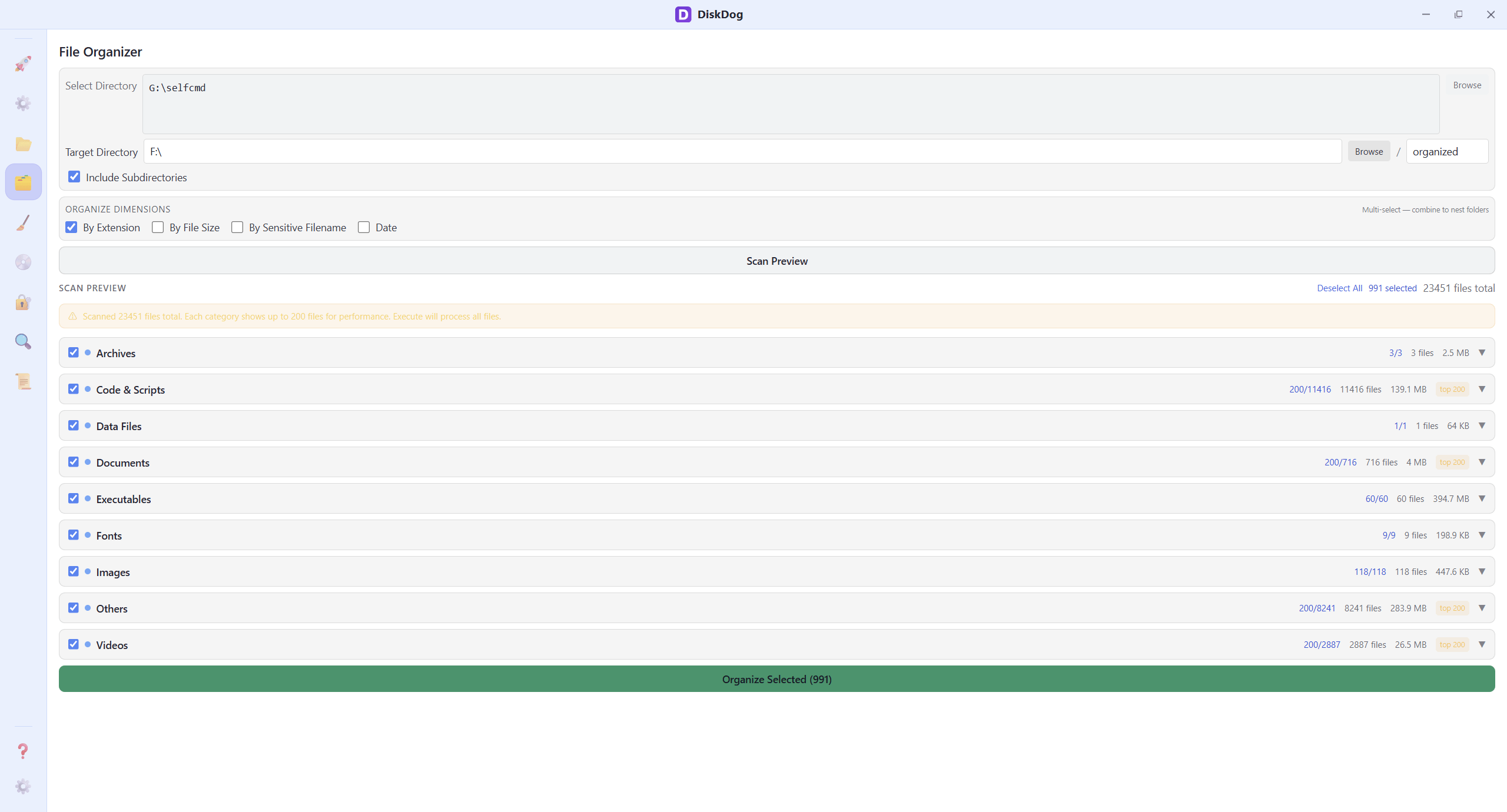 File Organizer dimensions and scan preview