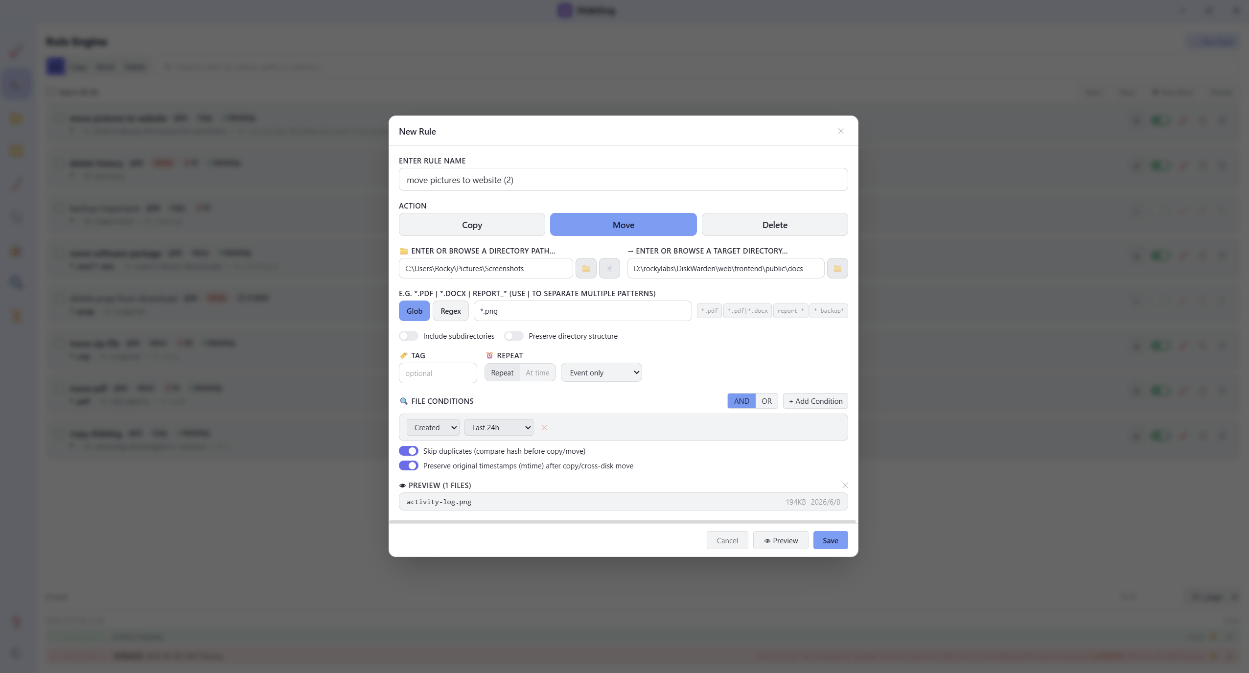 Rule editor with pattern and action